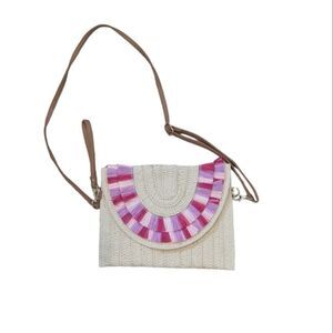 Wicker purse crossbody women's medium light tan with pink‎ purple fringe